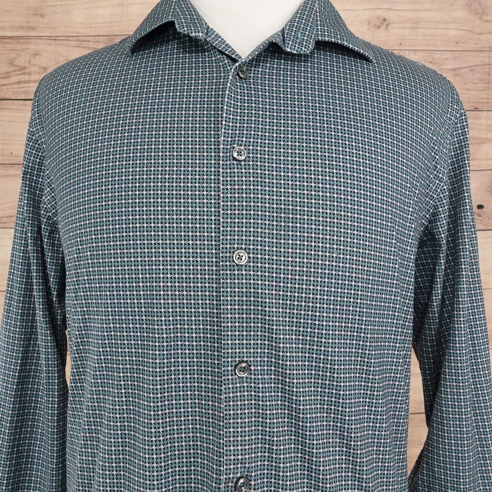 Bugatchi Shirt Mens XL Green Geometric Long Sleeve Button-Up Stretch Knit